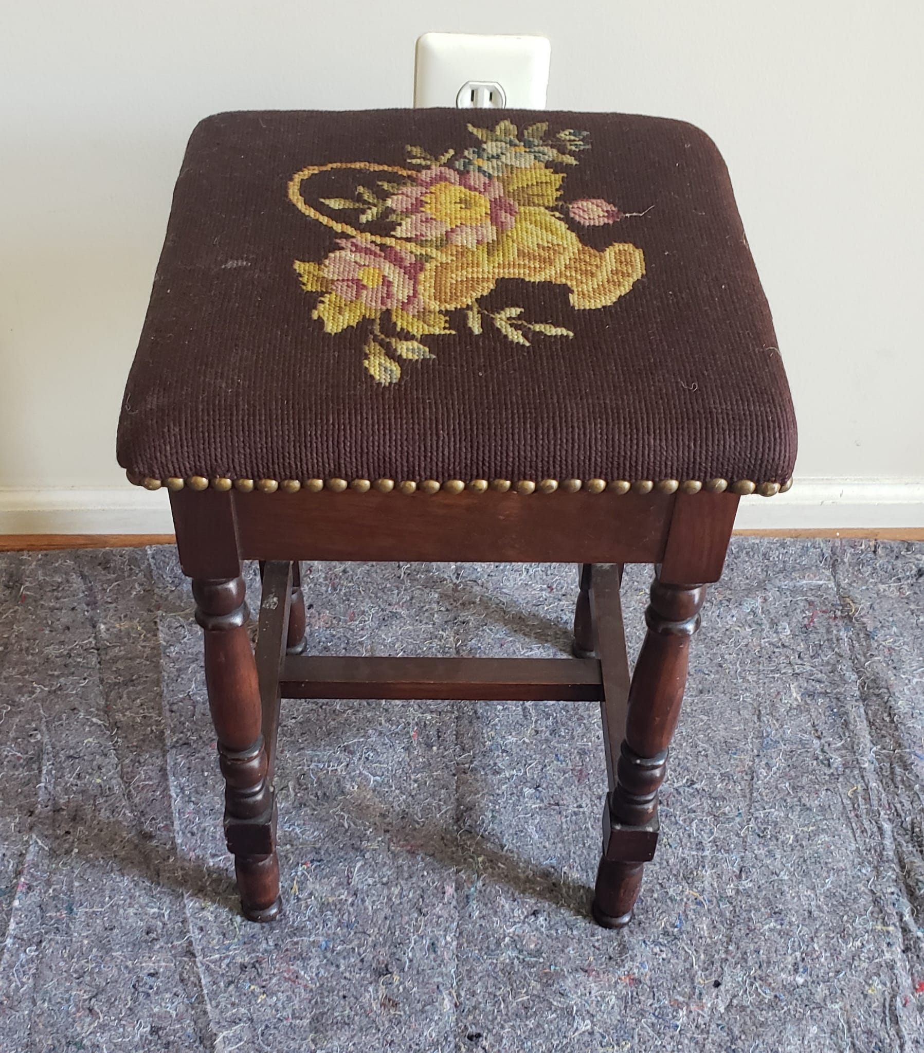 20th Century Mahogany and Upholstered Low Stool with NailHead Trims in great vintage condition.
Measures 12.5