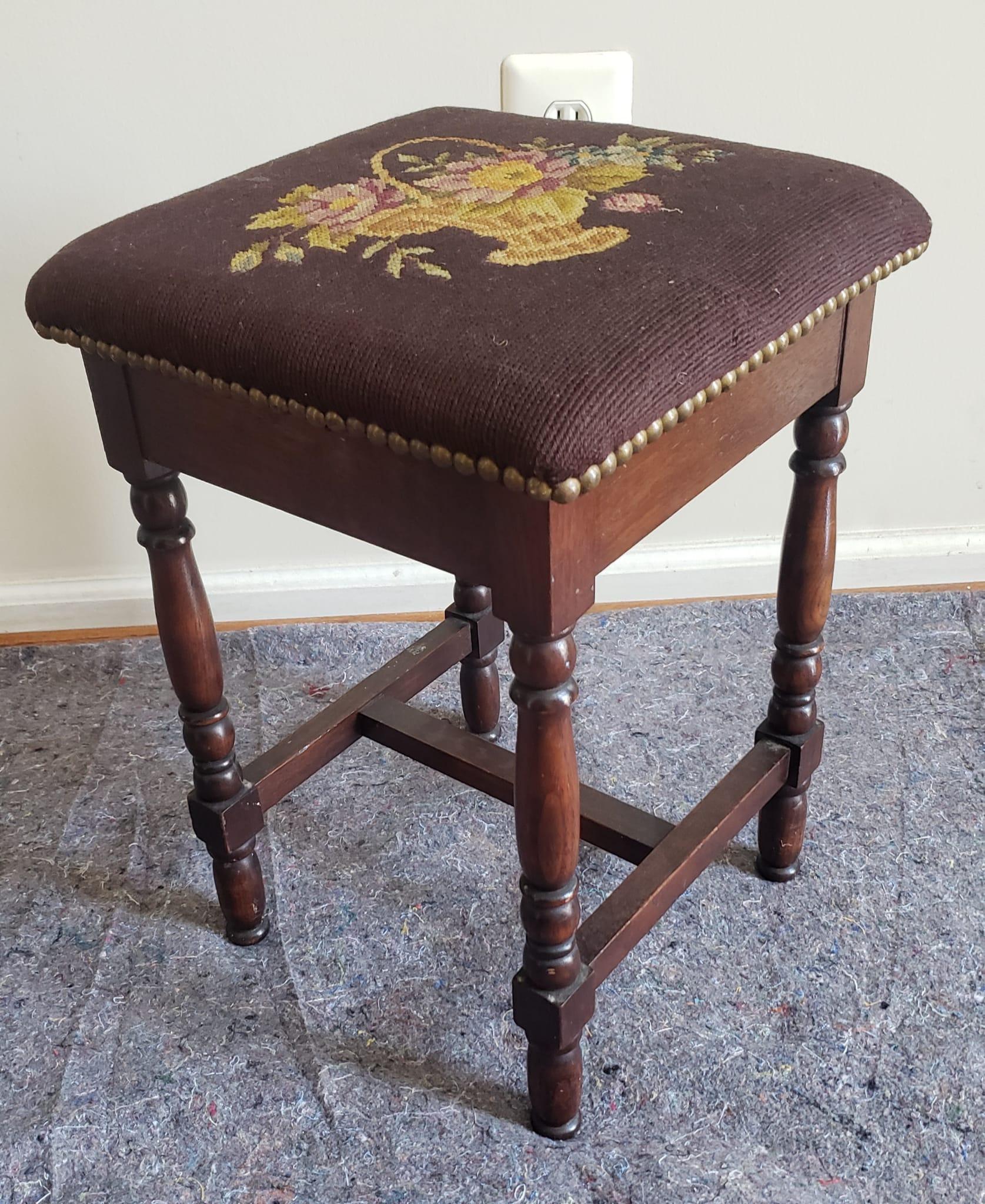 Mid-Century Modern 20th Century Mahogany and Upholstered Low Stool with NailHead Trims For Sale