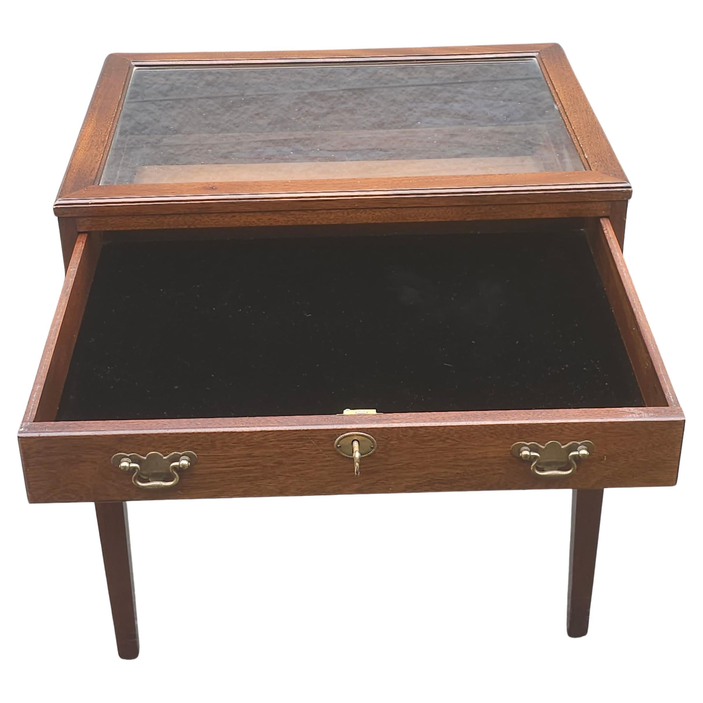 20th Century Mahogany and Velvet Lined with Glass Top Lockable Display Table 4