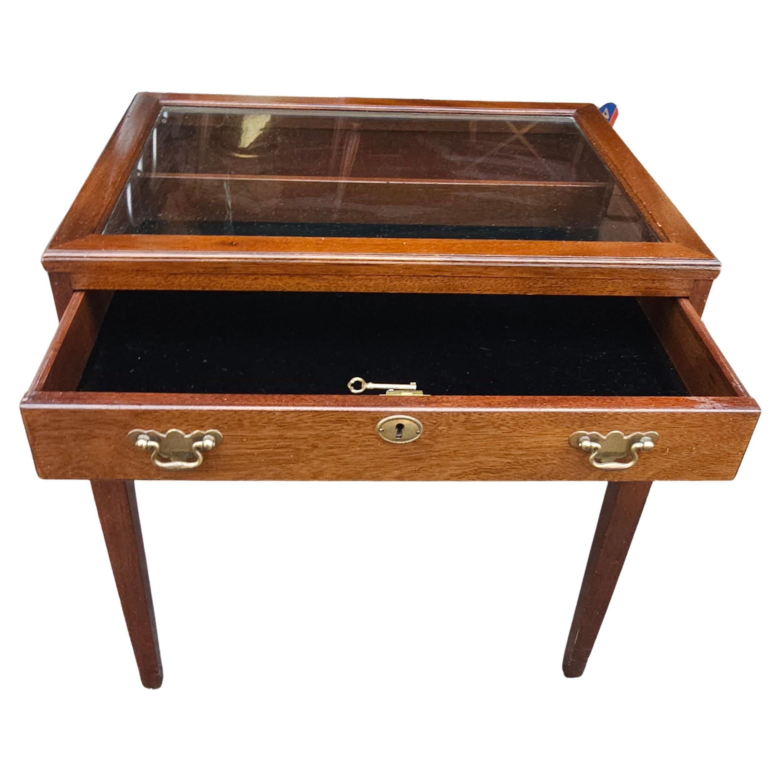 20th Century Mahogany and Velvet Lined with Glass Top Lockable Display Table 1