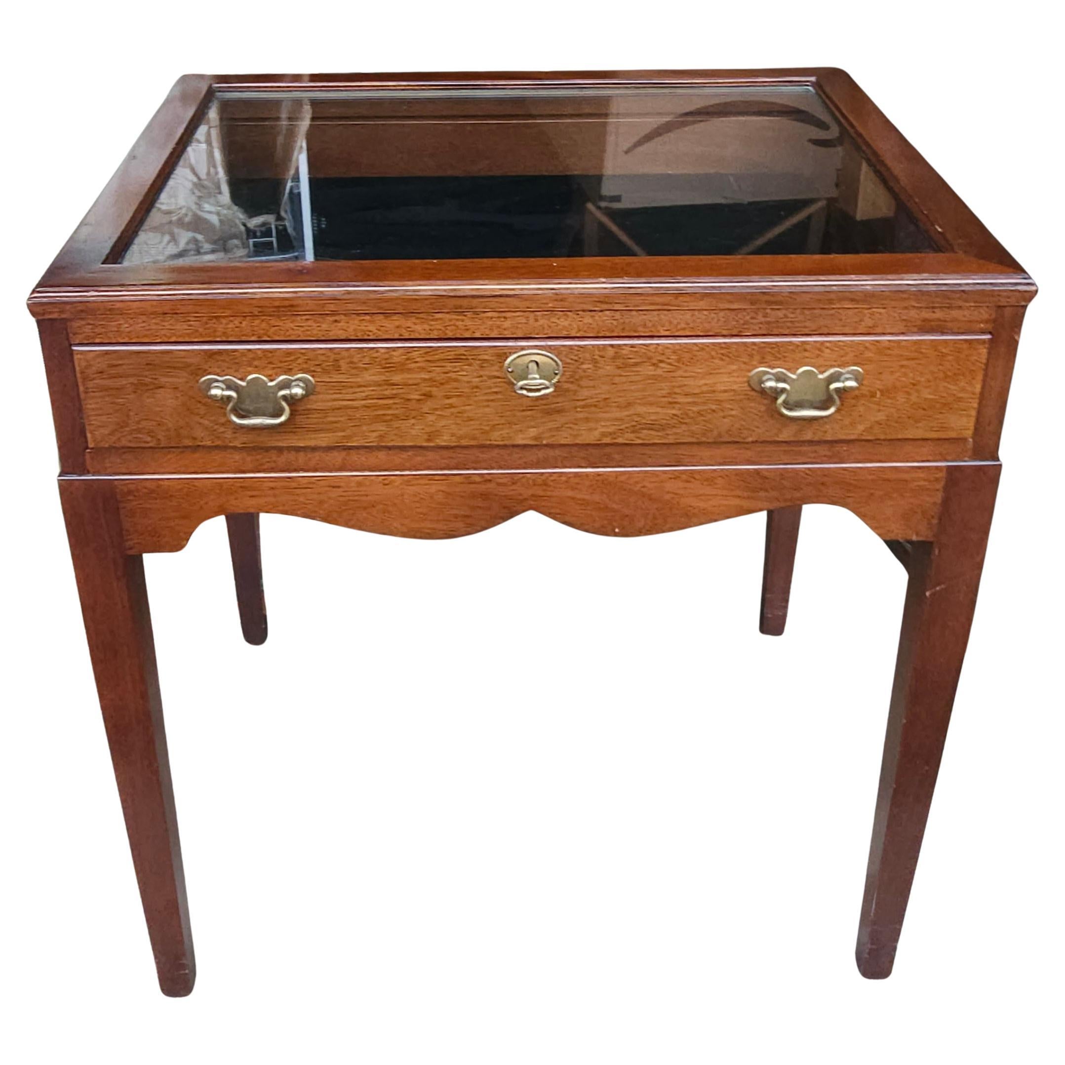 20th Century Mahogany and Velvet Lined with Glass Top Lockable Display Table