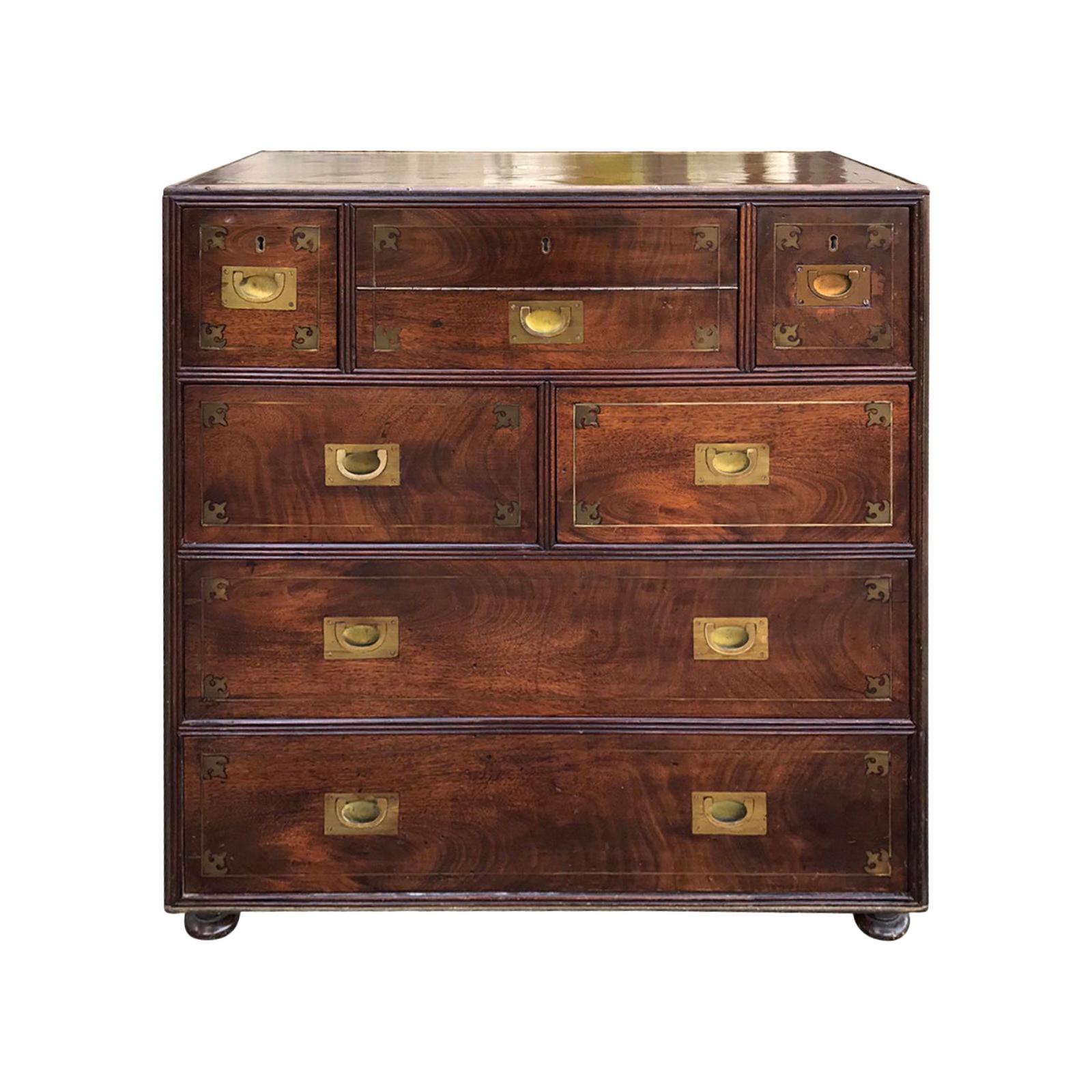 20th Century Mahogany Campaign Style Secretary Chest with Brass Inlay and Mounts