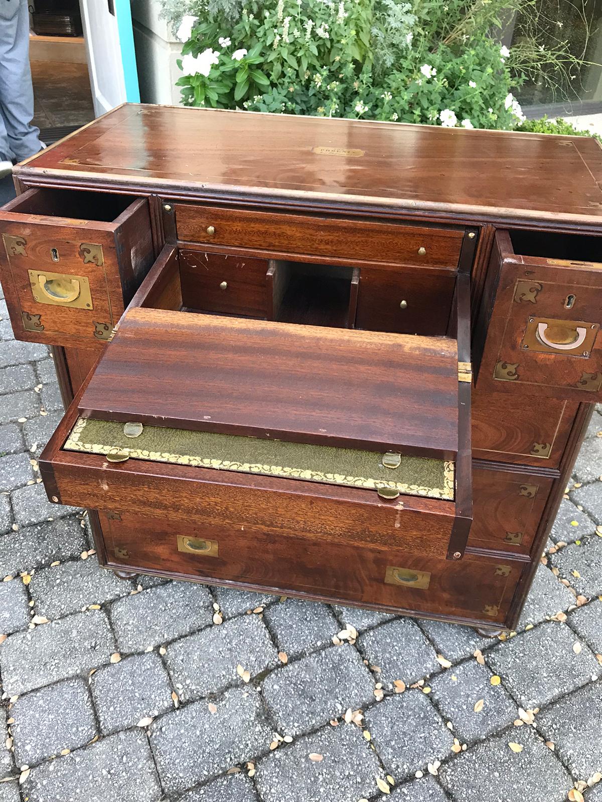 20th Century Mahogany Campaign Style Secretary Chest with Brass Inlay & Mounts 7