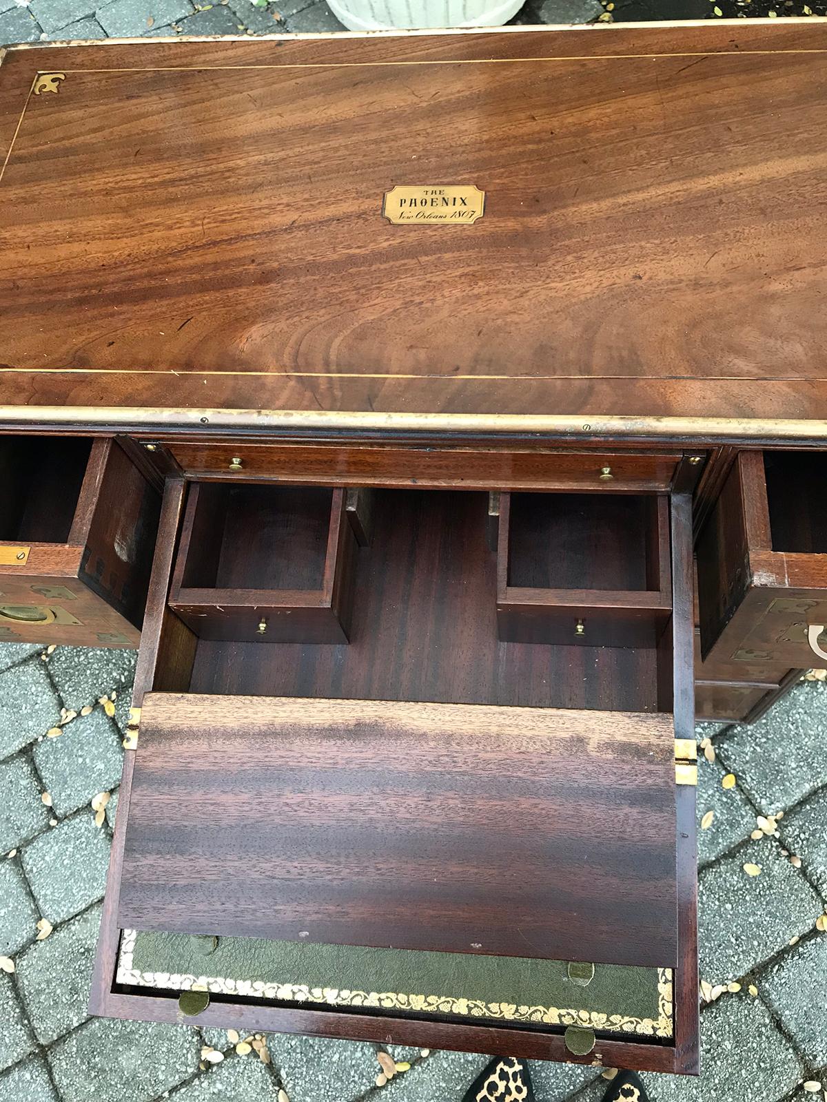 20th Century Mahogany Campaign Style Secretary Chest with Brass Inlay and Mounts 9