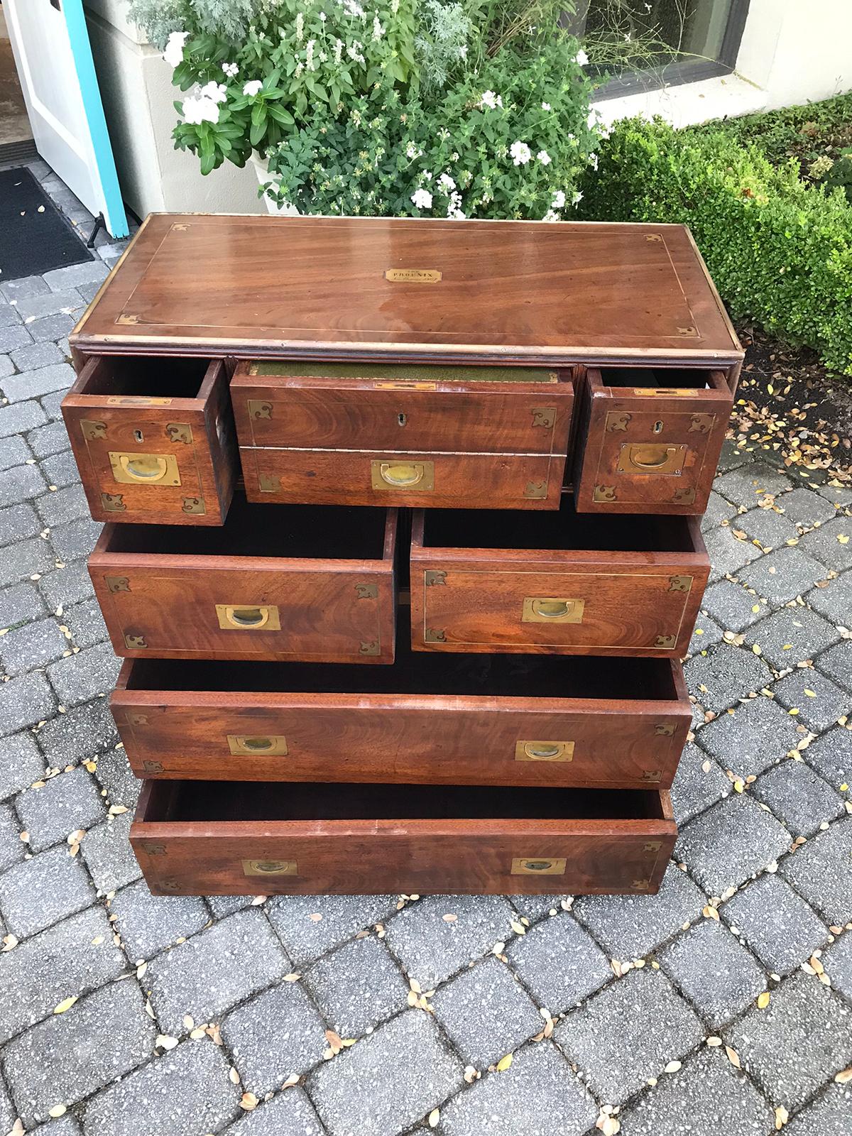20th Century Mahogany Campaign Style Secretary Chest with Brass Inlay & Mounts 11
