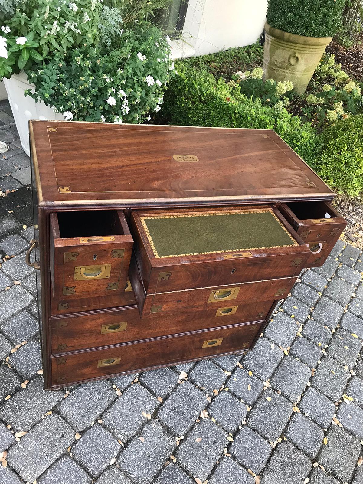 20th Century Mahogany Campaign Style Secretary Chest with Brass Inlay & Mounts 13