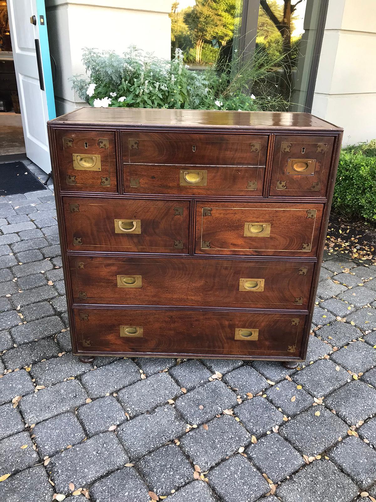 20th Century Mahogany Campaign Style Secretary Chest with Brass Inlay & Mounts 14
