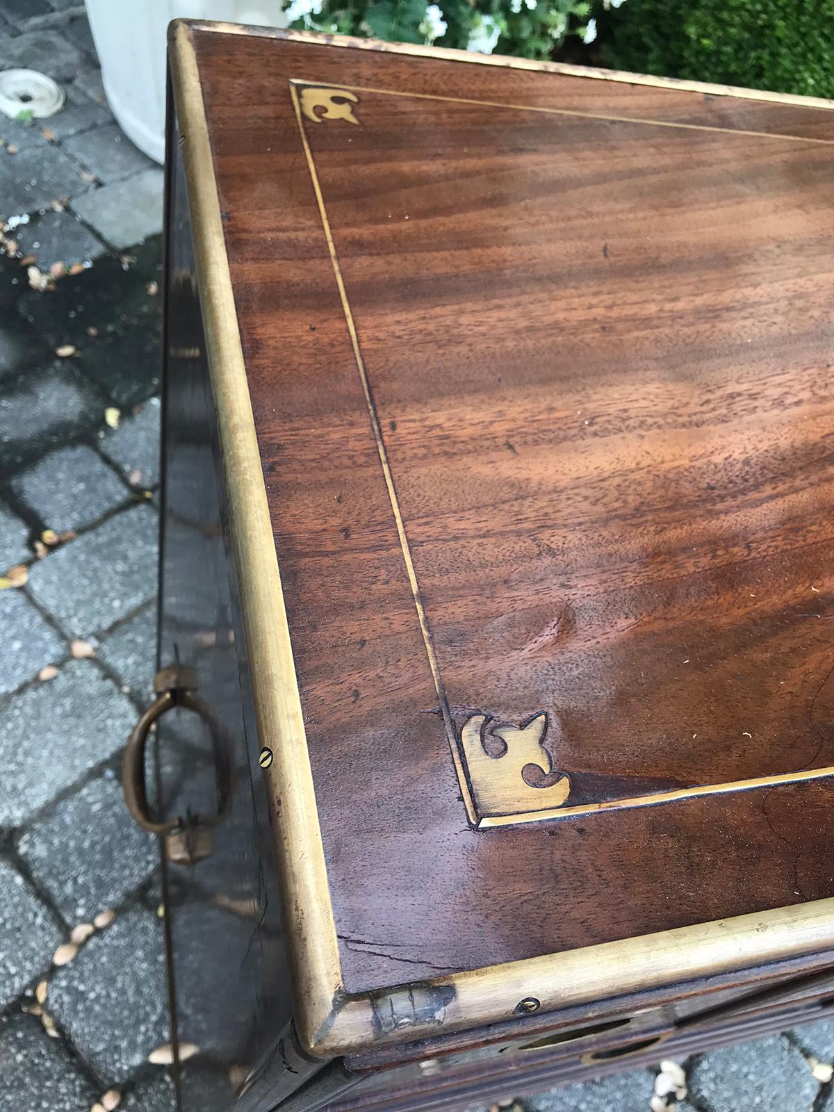 20th Century Mahogany Campaign Style Secretary Chest with Brass Inlay and Mounts 15