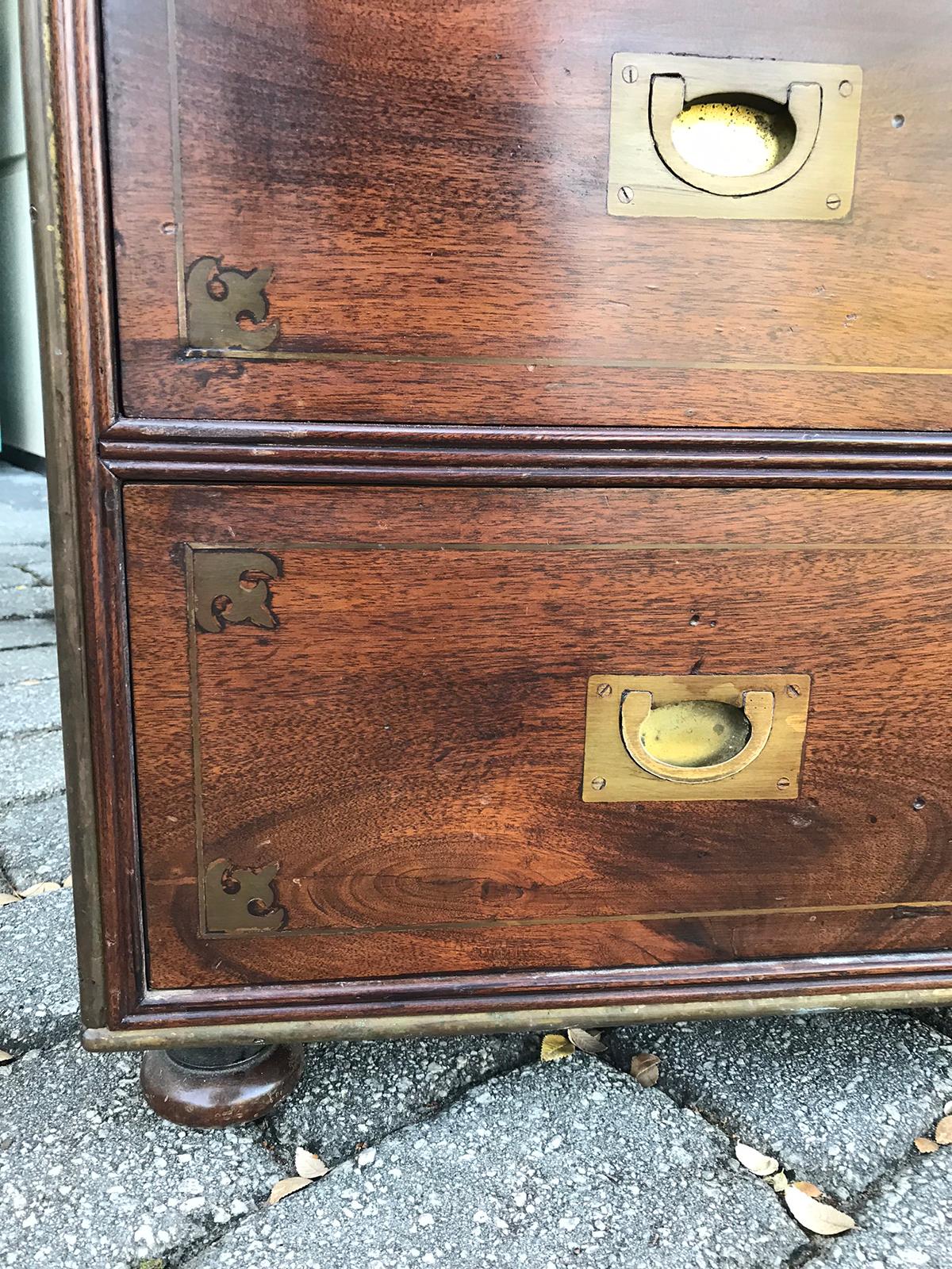 20th Century Mahogany Campaign Style Secretary Chest with Brass Inlay and Mounts 16