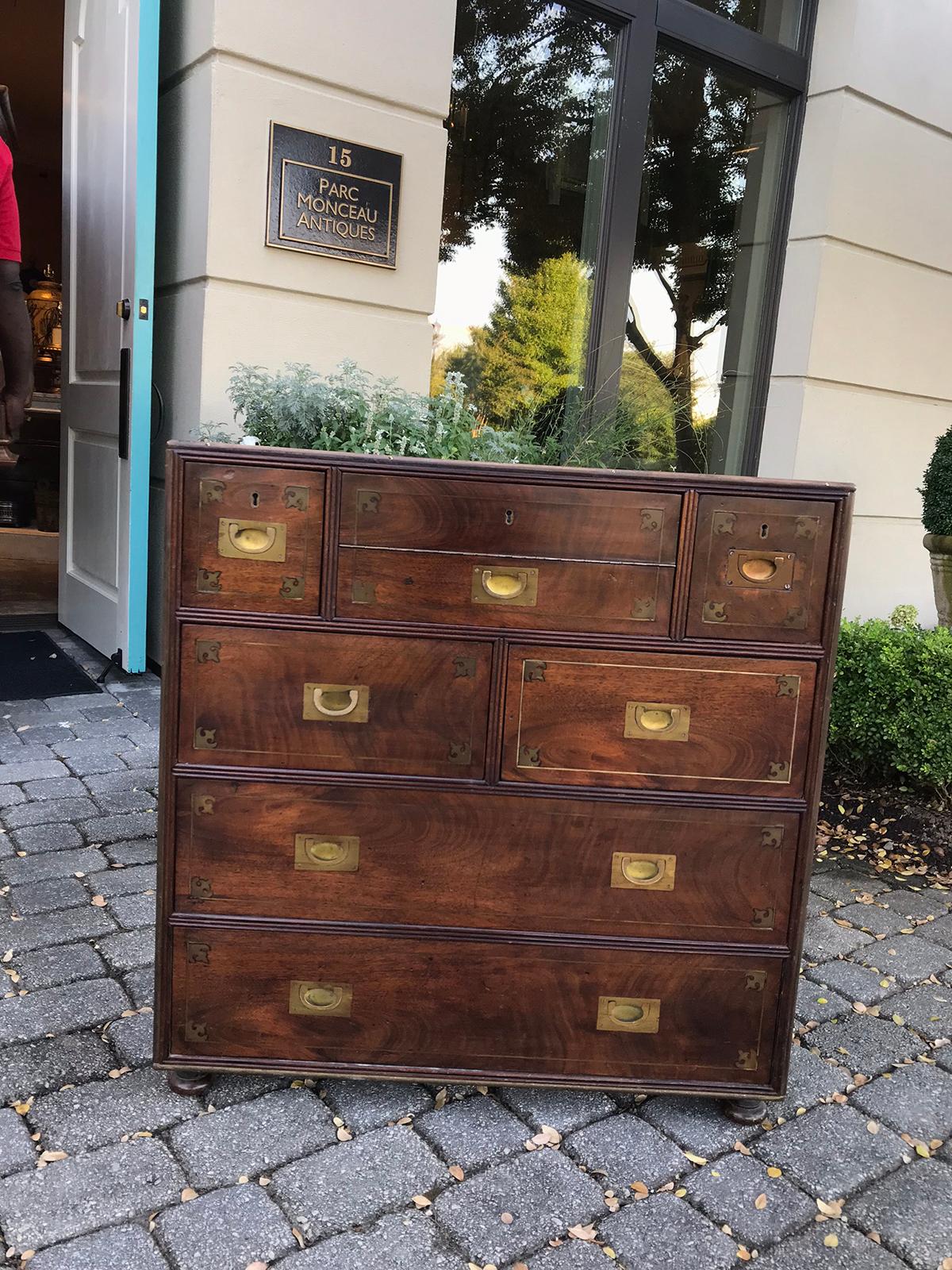 20th century mahogany Campaign style secretary chest with brass inlay and mounts
Labeled 