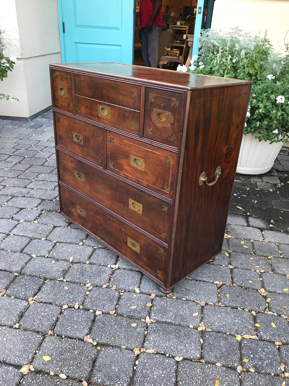 20th Century Mahogany Campaign Style Secretary Chest with Brass Inlay & Mounts In Good Condition In Atlanta, GA
