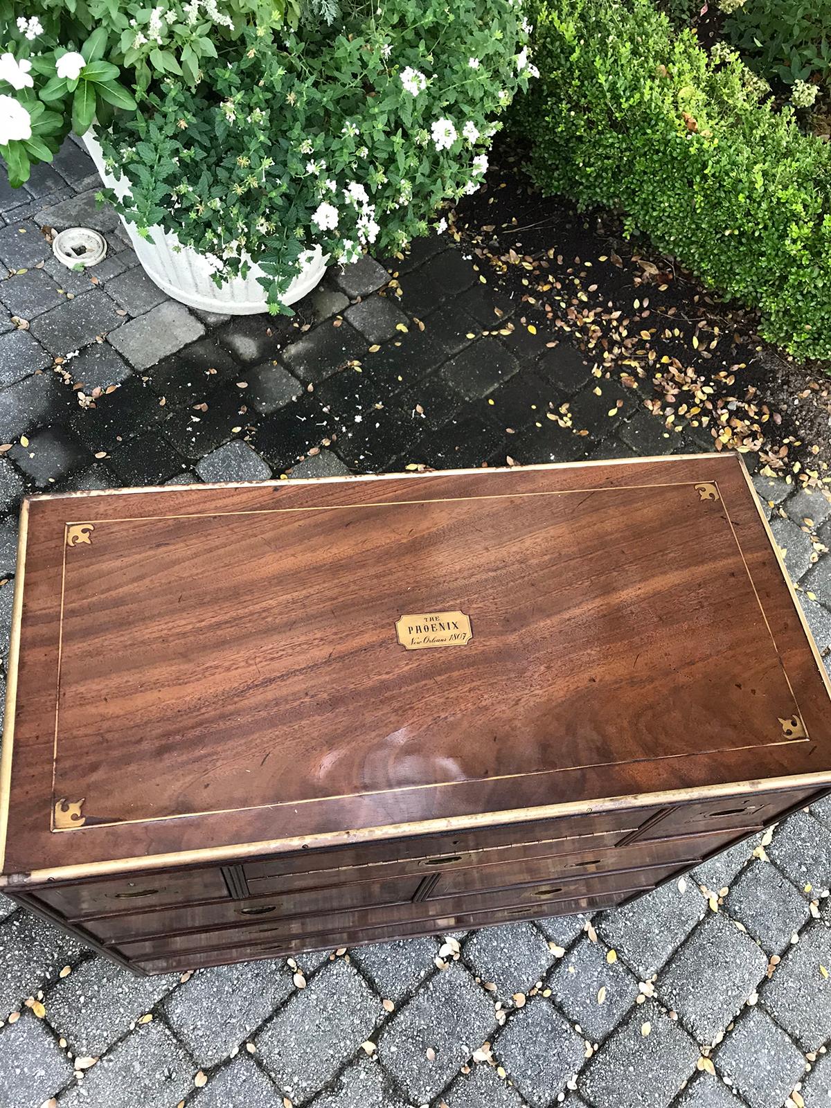 20th Century Mahogany Campaign Style Secretary Chest with Brass Inlay & Mounts 1