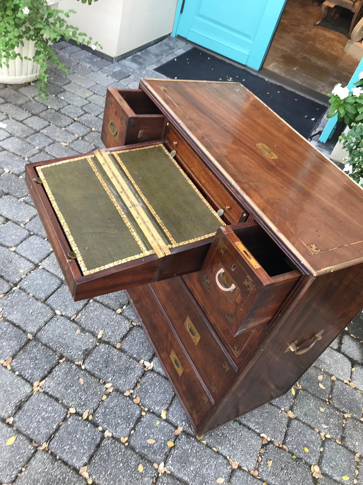 20th Century Mahogany Campaign Style Secretary Chest with Brass Inlay & Mounts 2