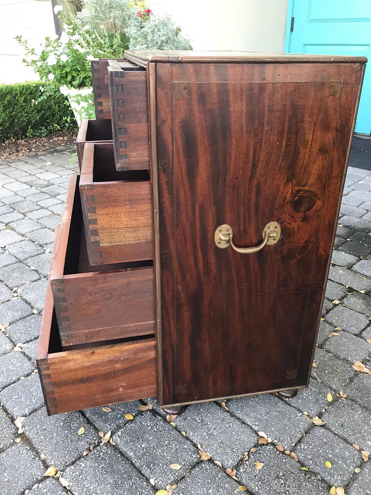 20th Century Mahogany Campaign Style Secretary Chest with Brass Inlay and Mounts 4