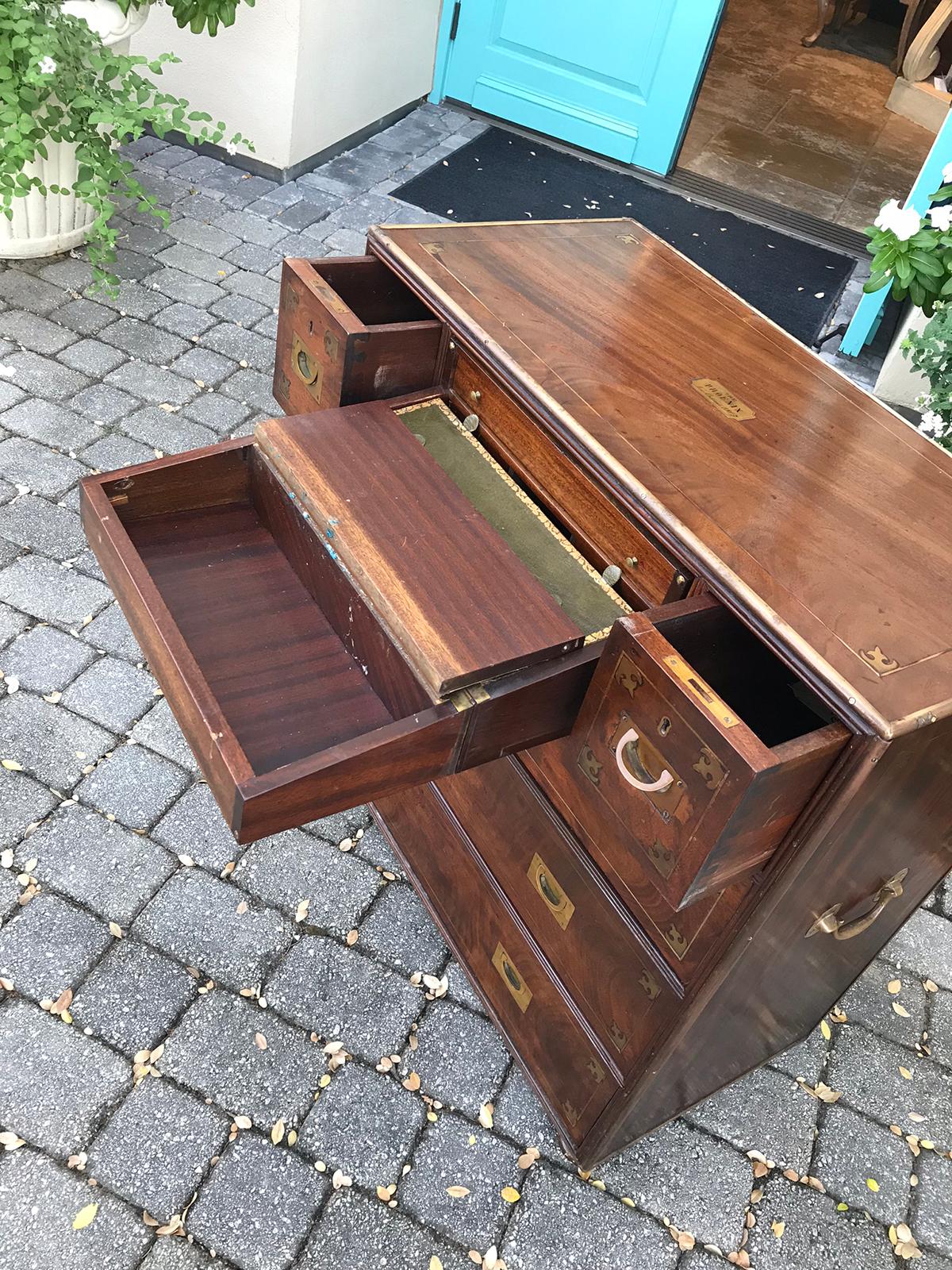 20th Century Mahogany Campaign Style Secretary Chest with Brass Inlay and Mounts 5