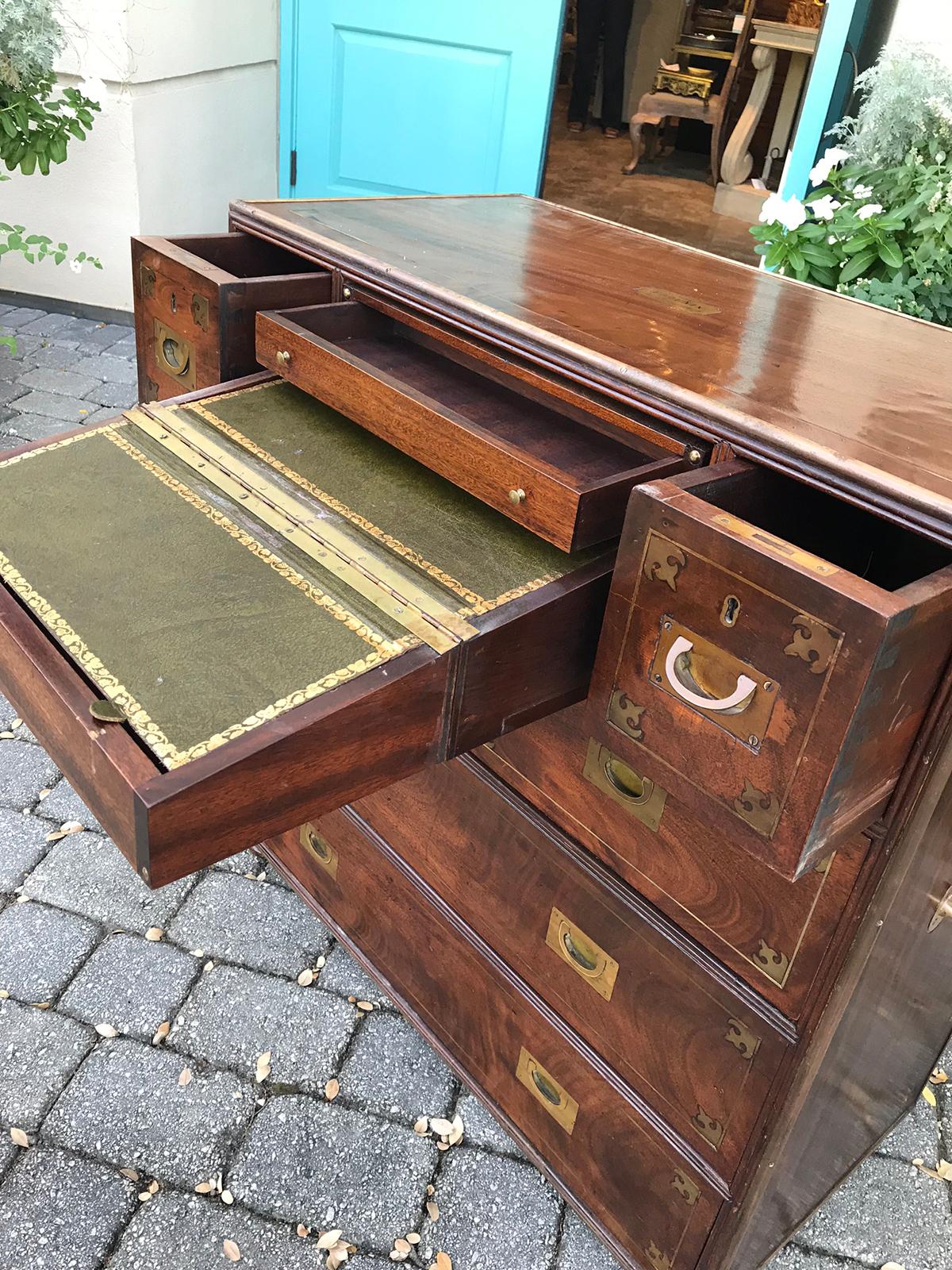 20th Century Mahogany Campaign Style Secretary Chest with Brass Inlay & Mounts 6