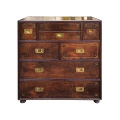 20th Century Mahogany Campaign Style Secretary Chest with Brass Inlay & Mounts