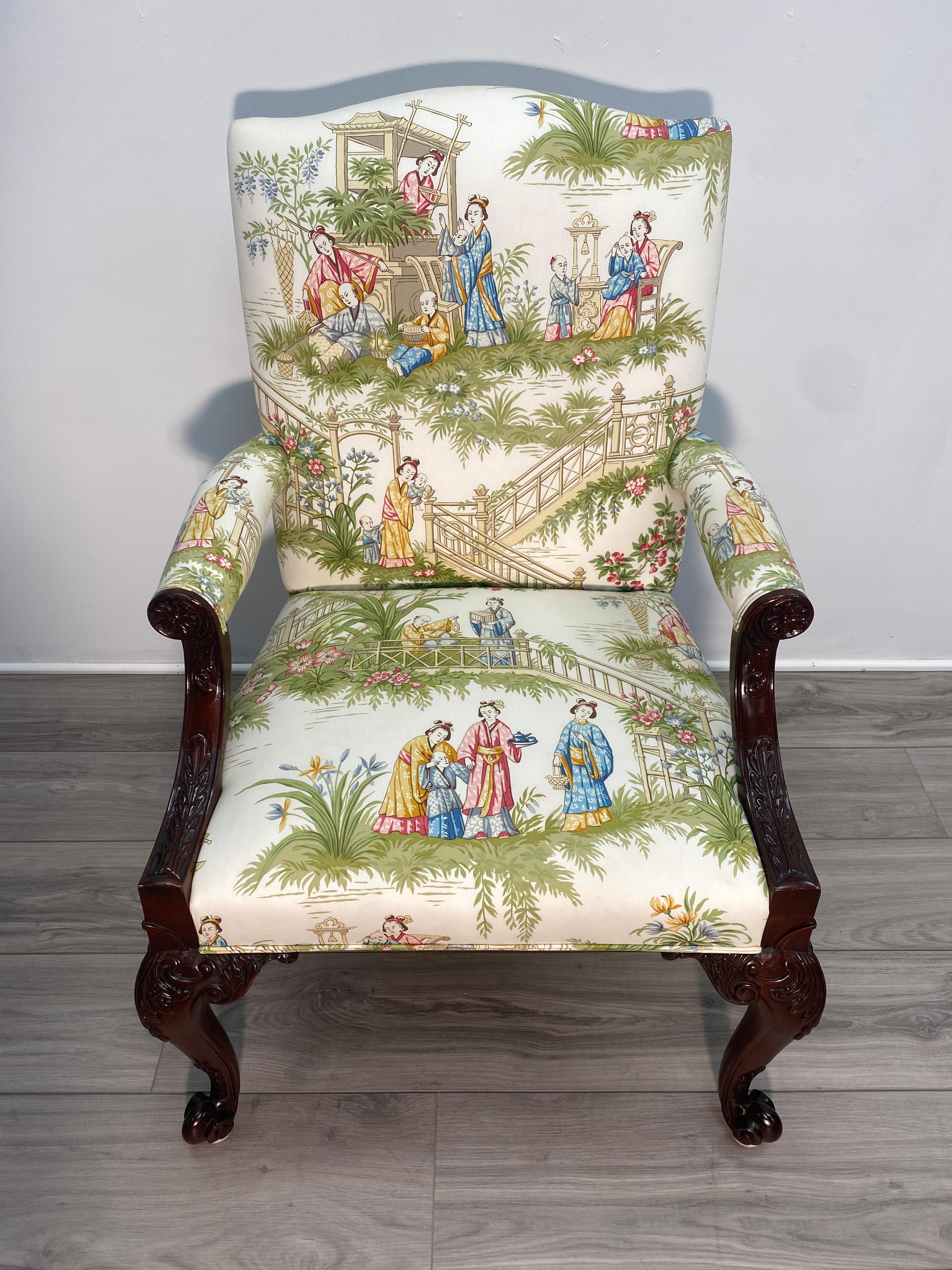 20th Century Mahogany Gainsborough Chair in Chinoiserie Chippendale Manor In Good Condition In Nashville, TN