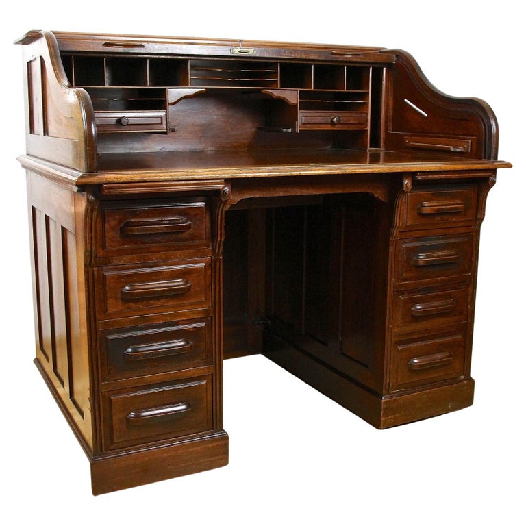 20th Century Mahogany Roll Top Writing Desk Freestanding, England ca