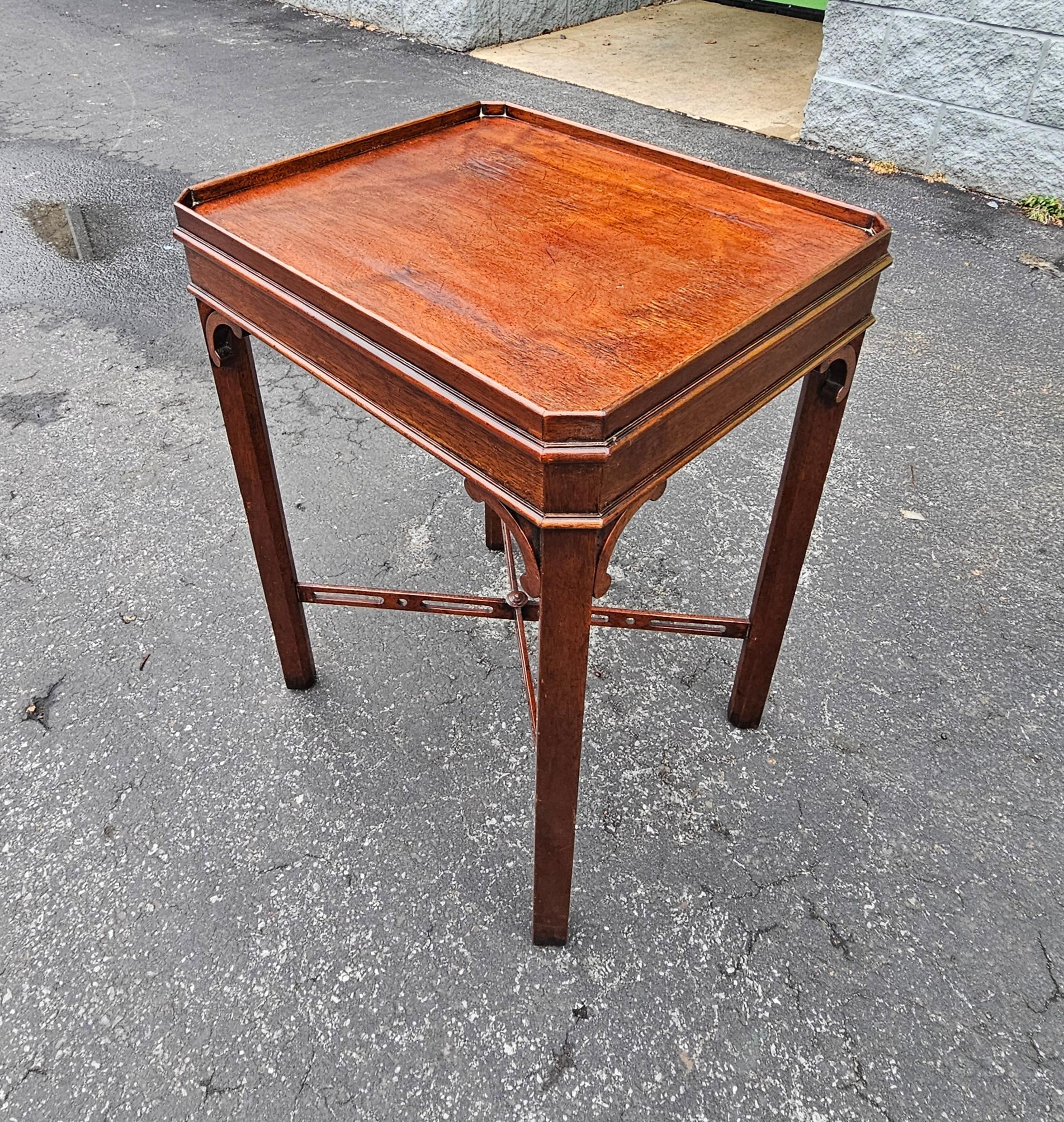 Chippendale 20th Century Mahogany Stretcher Galleried Side Table For Sale