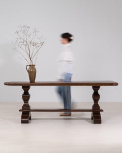 20th Century Mahogany Wood Oak Trestle Dining Table In Original Patina