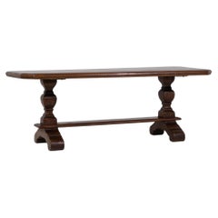 20th Century Mahogany Wood Oak Trestle Dining Table In Original Patina