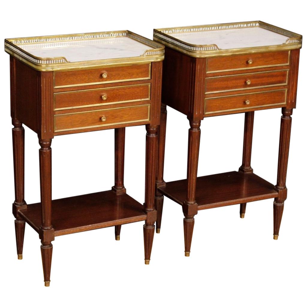 20th Century Mahogany Wood with Marble-Top French, Pair of Bedside Tables, 1960