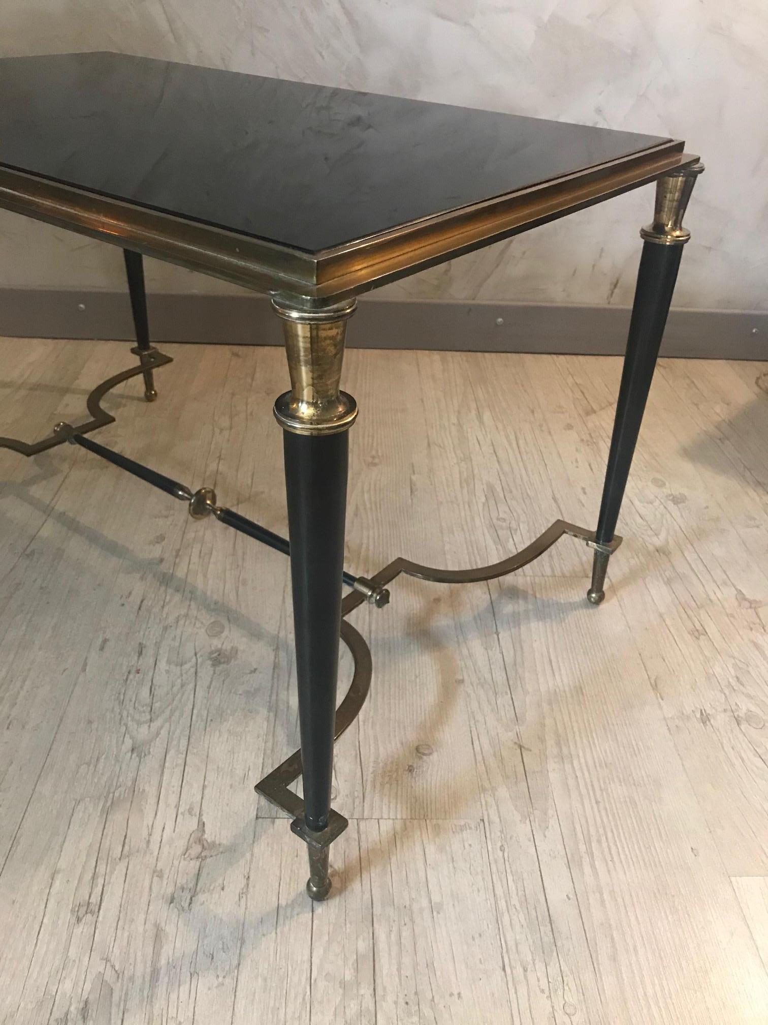 French 20th Century Maison Baguès Style Brass and Black Glass Coffee Table, 1950s For Sale