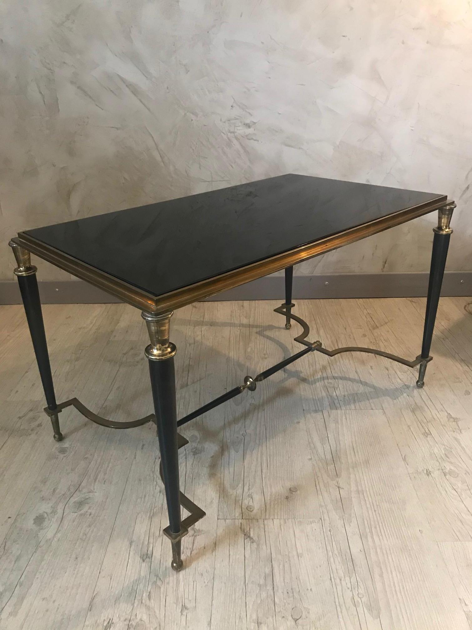 20th Century Maison Baguès Style Brass and Black Glass Coffee Table, 1950s For Sale 1