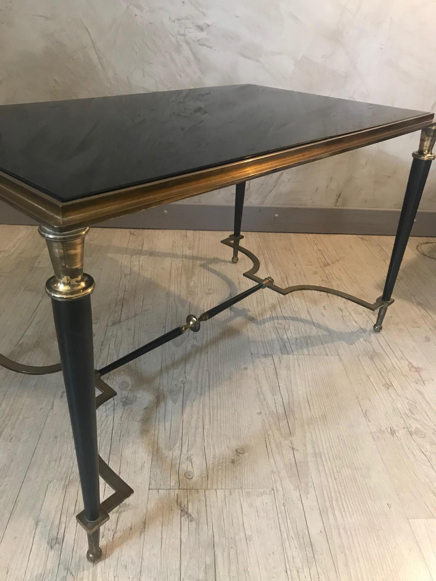 20th Century Maison Baguès Style Brass and Black Glass Coffee Table, 1950s For Sale 2
