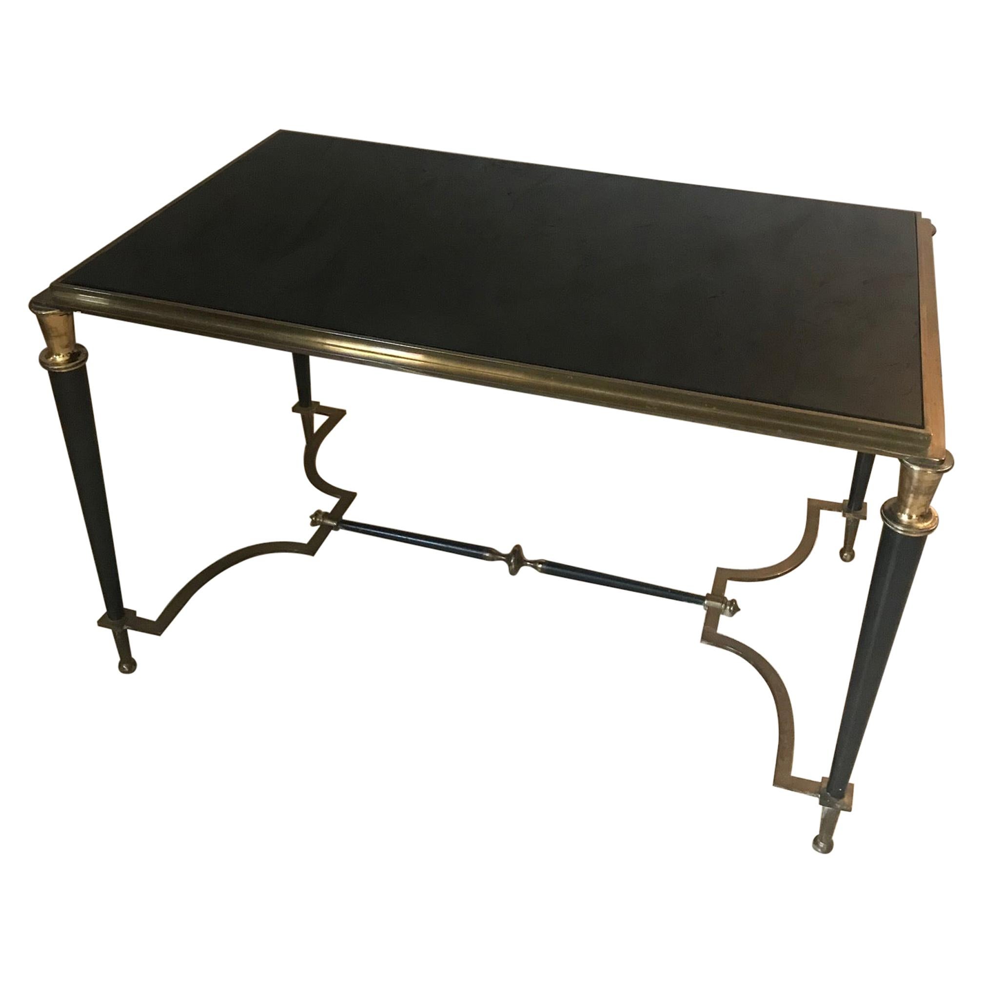 20th Century Maison Baguès Style Brass and Black Glass Coffee Table, 1950s For Sale