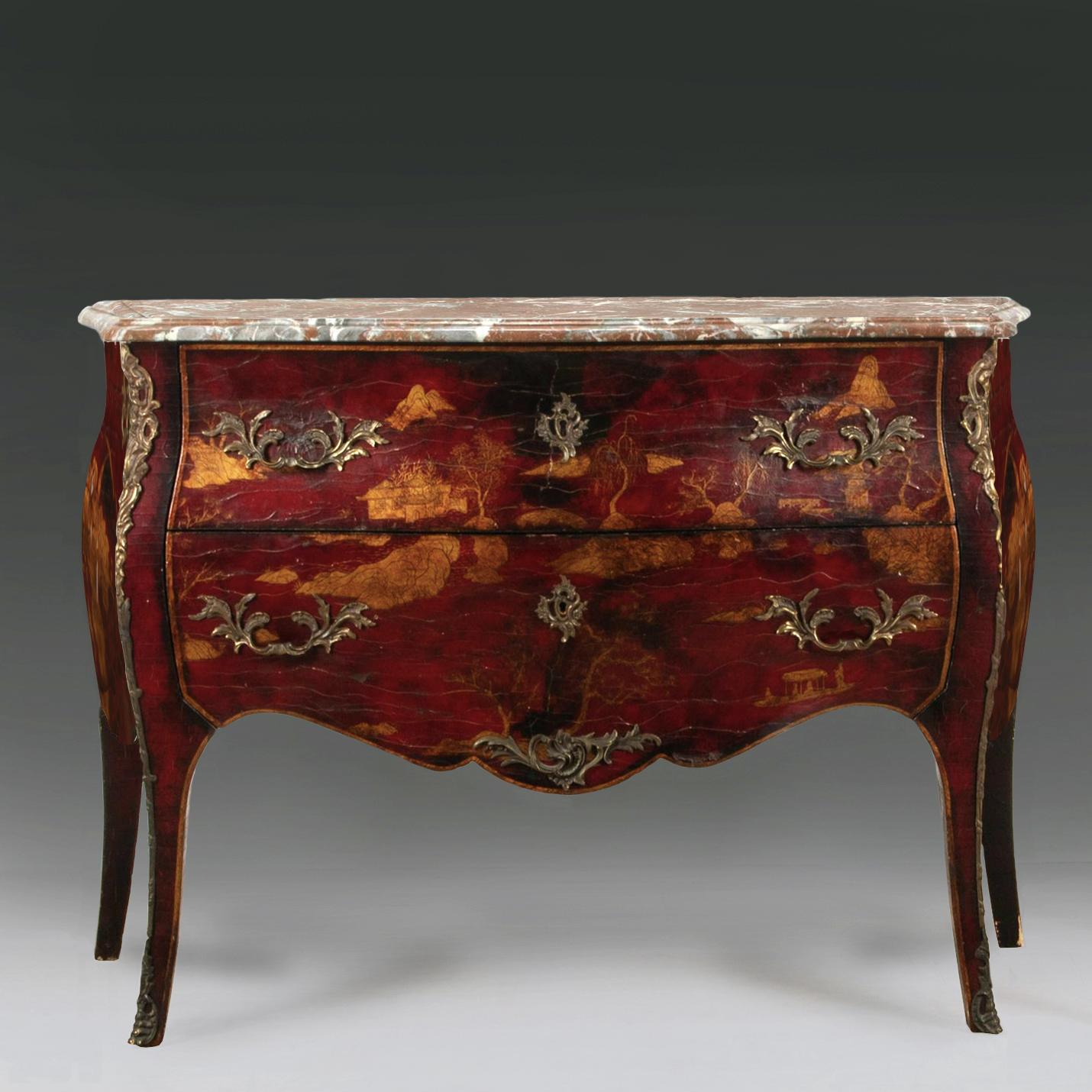 A striking 1950s French, Maison Jansen style, red lacquer and marble topped chinoiserie commode. 

The red lacquer decorated with gilt chinoiserie figures and pavilions in a wooded landscape. 

The sides with vases of flowers and foliage. 

Finished