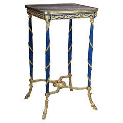 Majestueuse table d'appoint Empire du 20ème siècle/Guéridon en bois de hêtre, marbre, carré, bleu