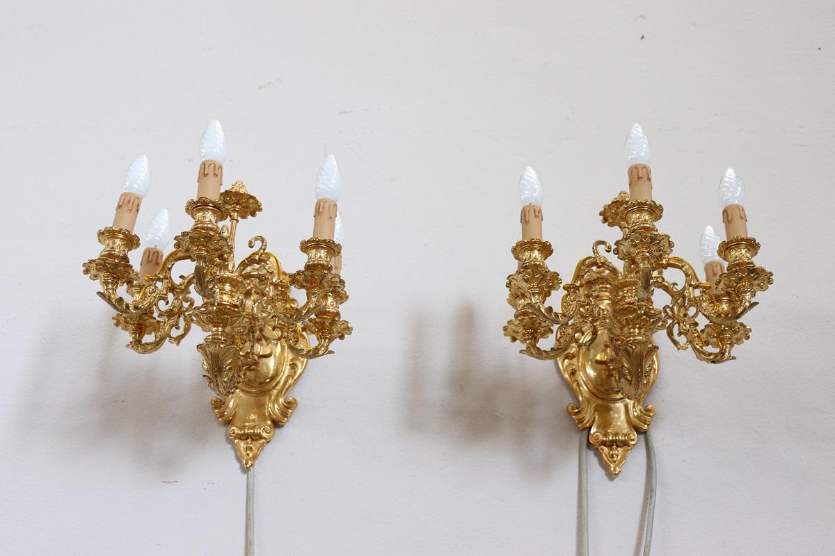 Gilt 20th Century Majestic Pair of Wall Lights in Gilded Bronze For Sale