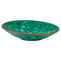 20th Century Malachite Asymmetric Edge Bowl or Catch-All with Brass Trim c 1970s
