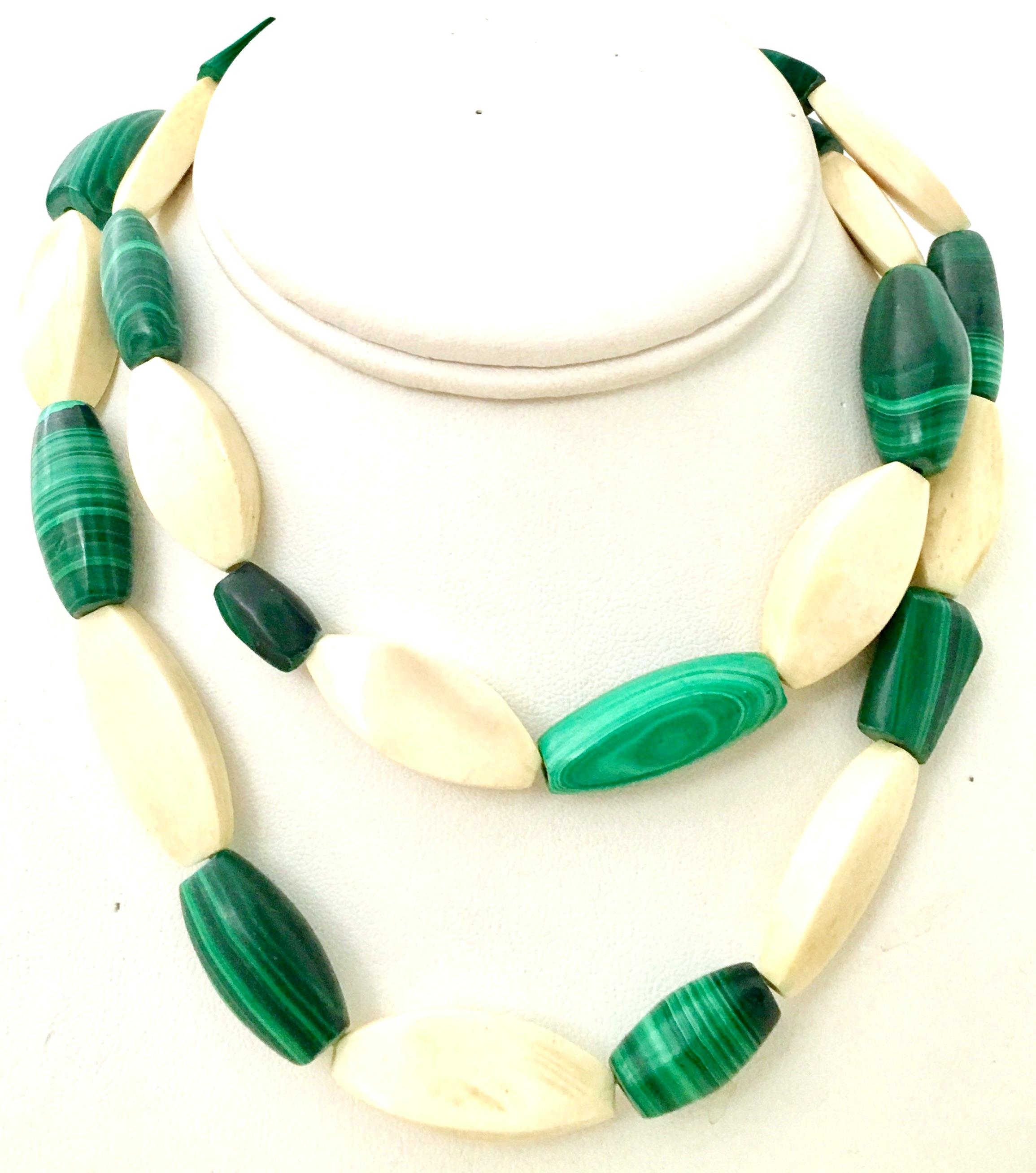1970'S Polished authentic malachite & bone geometric bead necklace. The authentic Malachite beads are tubular and square in shape and measure, .75-1.25