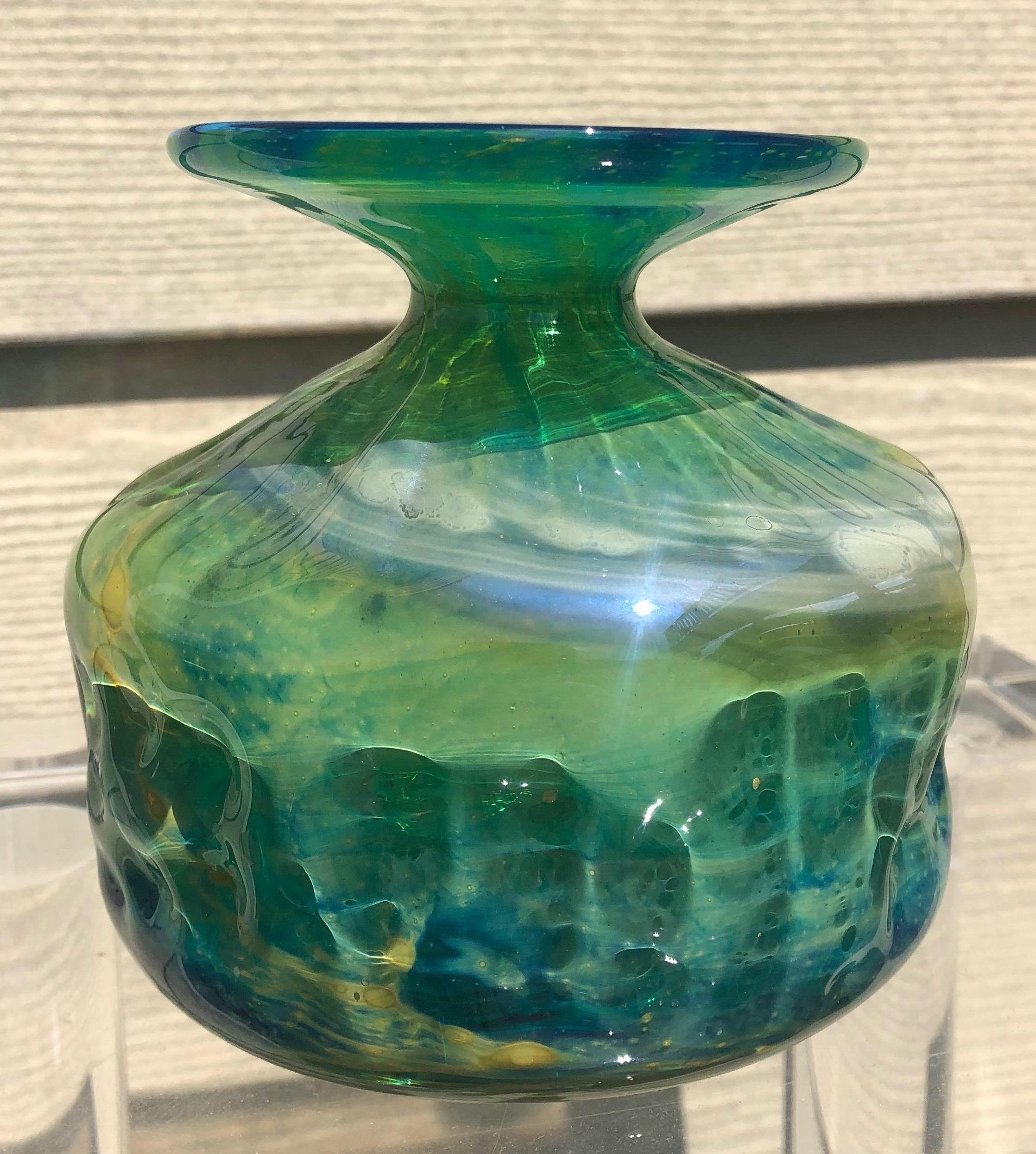 20th century Maltese art glass vase signed Mdina. Beautiful greens and blues.