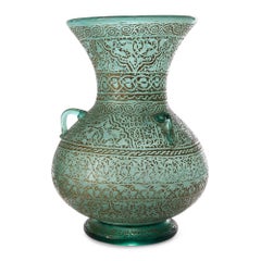 20th Century Mamluk Style Green Glass Gold Gilded Mosque Lamp