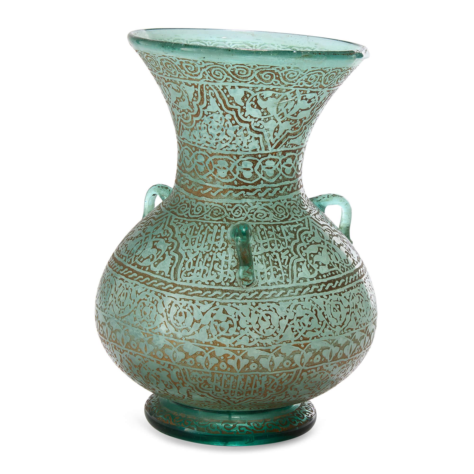Islamic 20th Century Mamluk Style Green Glass Gold Gilded Mosque Lamp For Sale