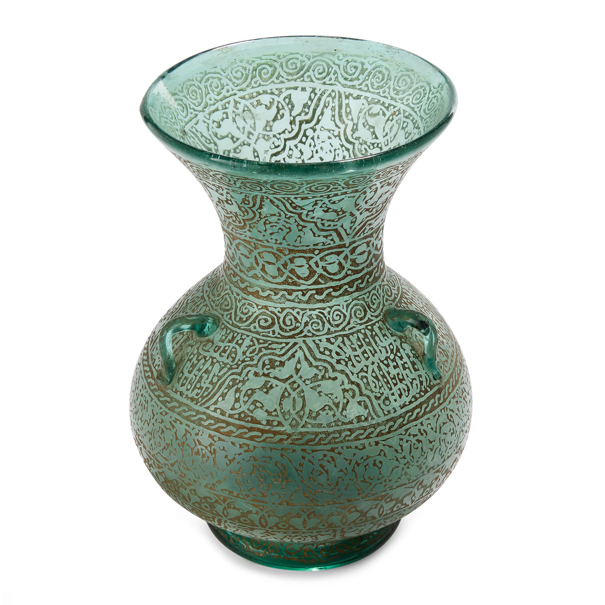 French 20th Century Mamluk Style Green Glass Gold Gilded Mosque Lamp For Sale