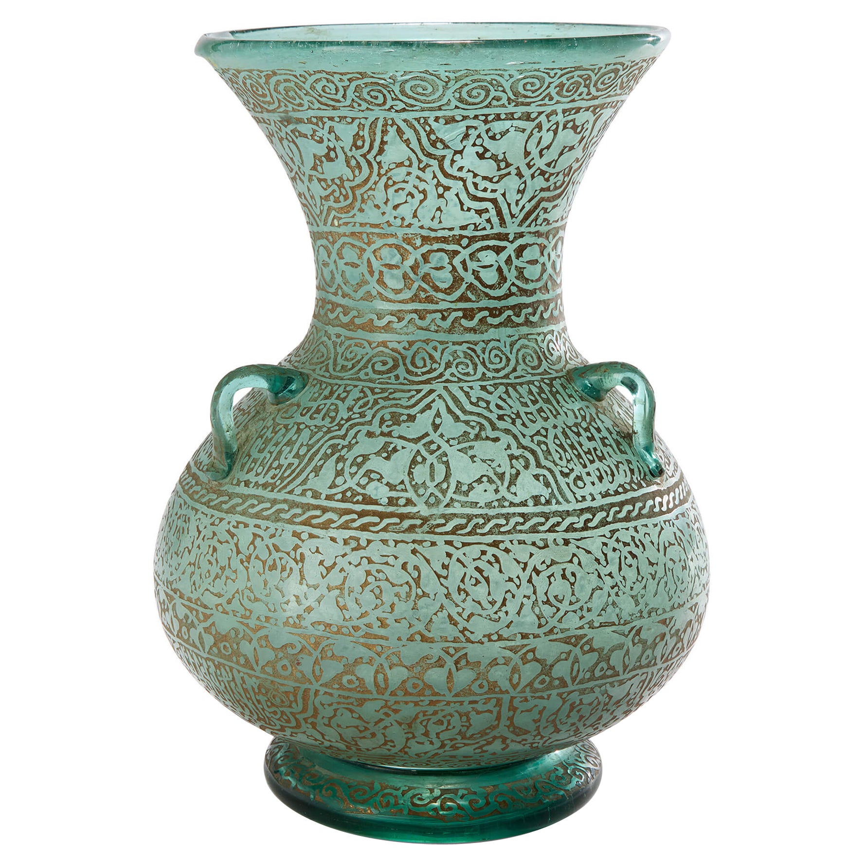 20th Century Mamluk Style Green Glass Gold Gilded Mosque Lamp For Sale