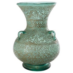 20th Century Mamluk Style Green Glass Gold Gilded Mosque Lamp