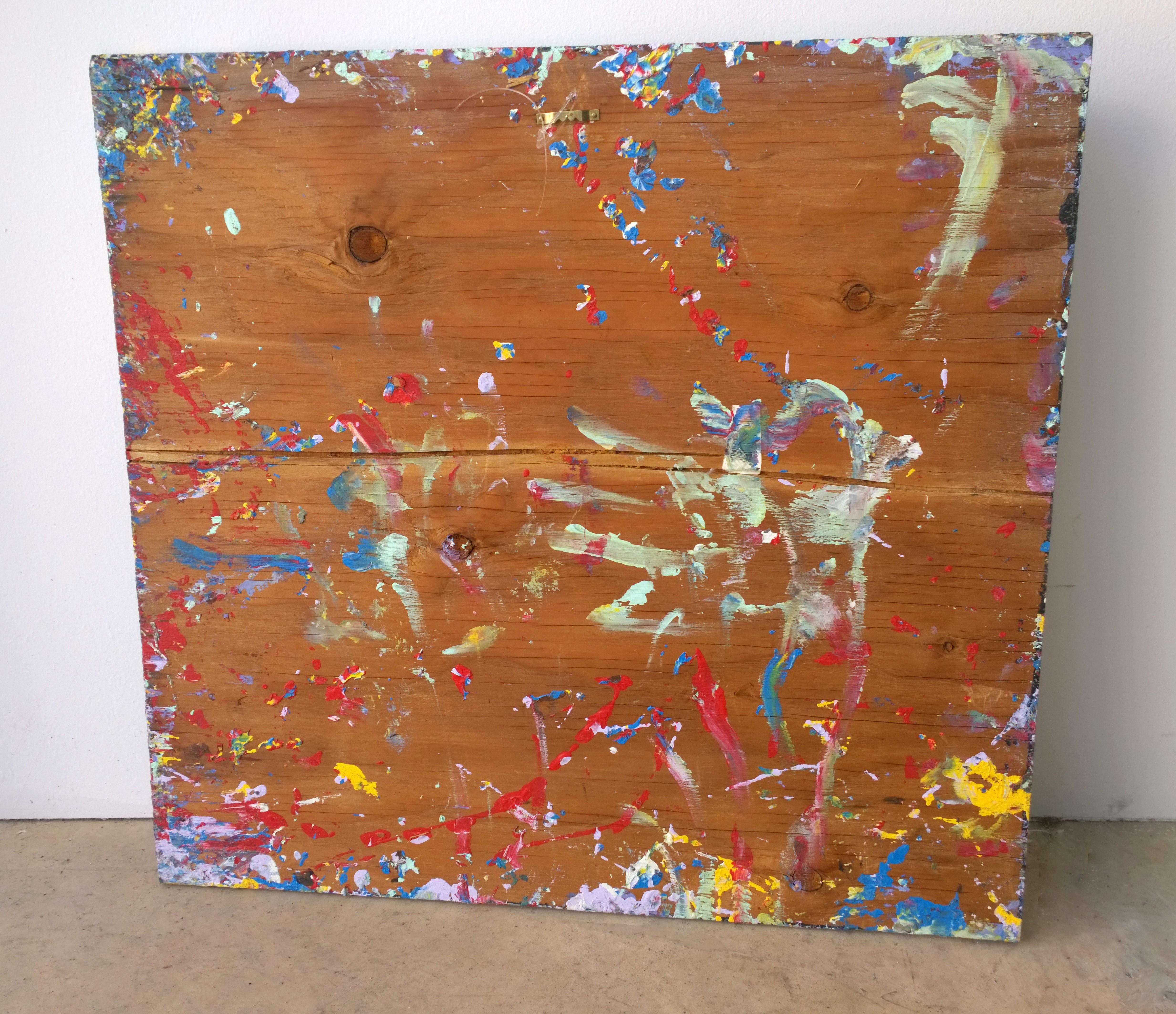 Pollock Style Yellow, Red, Blue & Black Splatter Abstract Oil Painting on Wood For Sale 9
