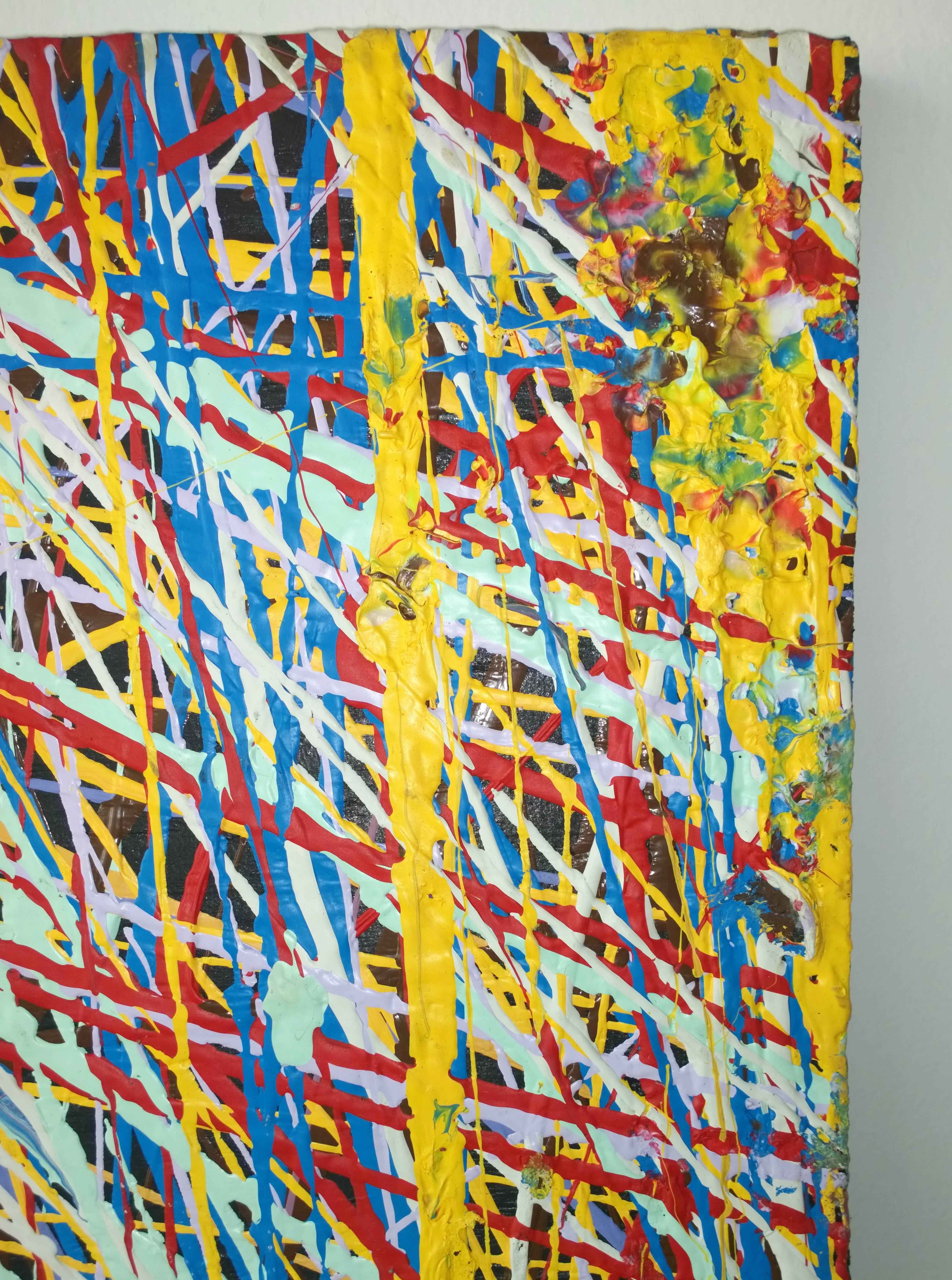 20th Century Pollock Style Yellow, Red, Blue & Black Splatter Abstract Oil Painting on Wood For Sale