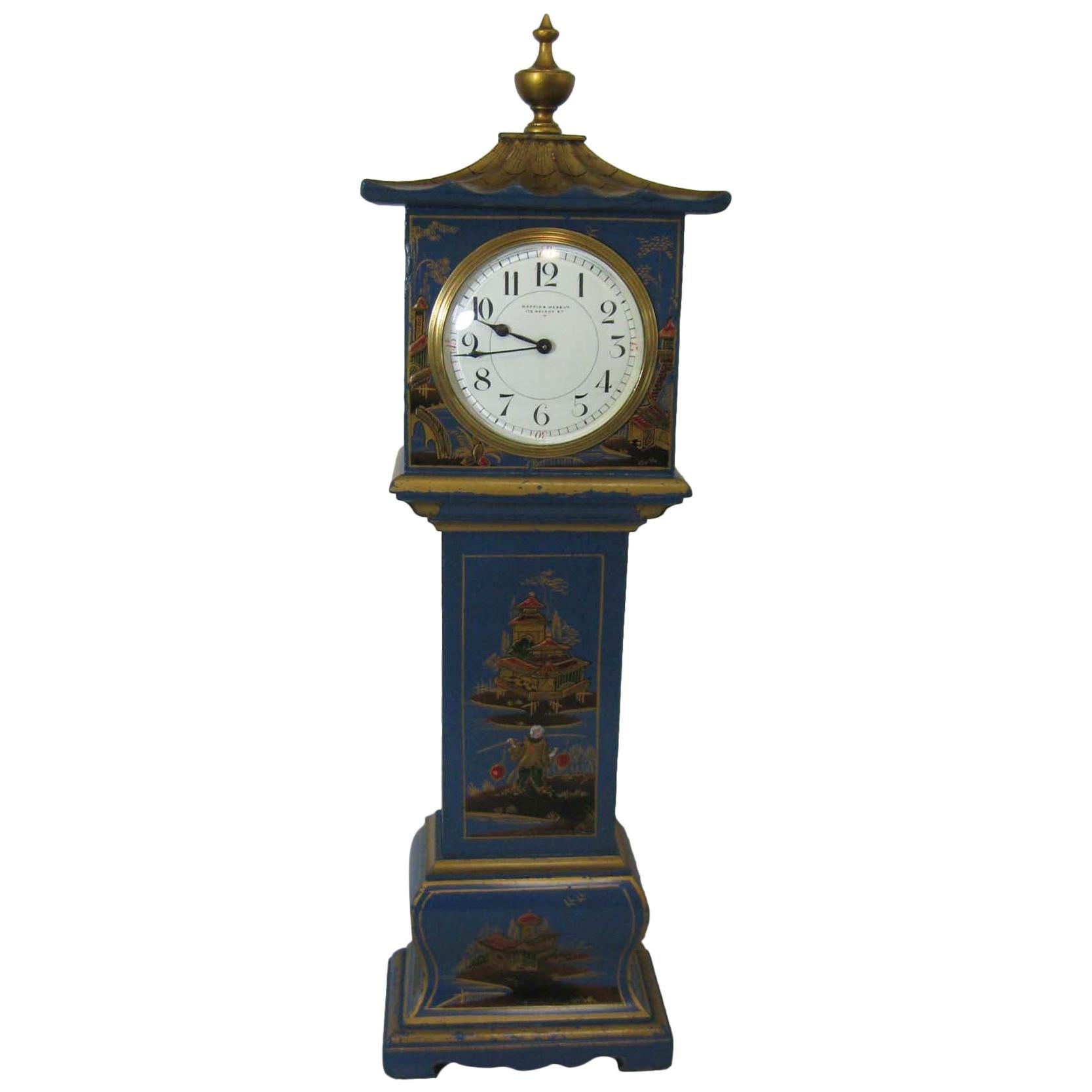 20th Century Mappin & Webb Blue Chinoiserie Miniature Longcase Clock