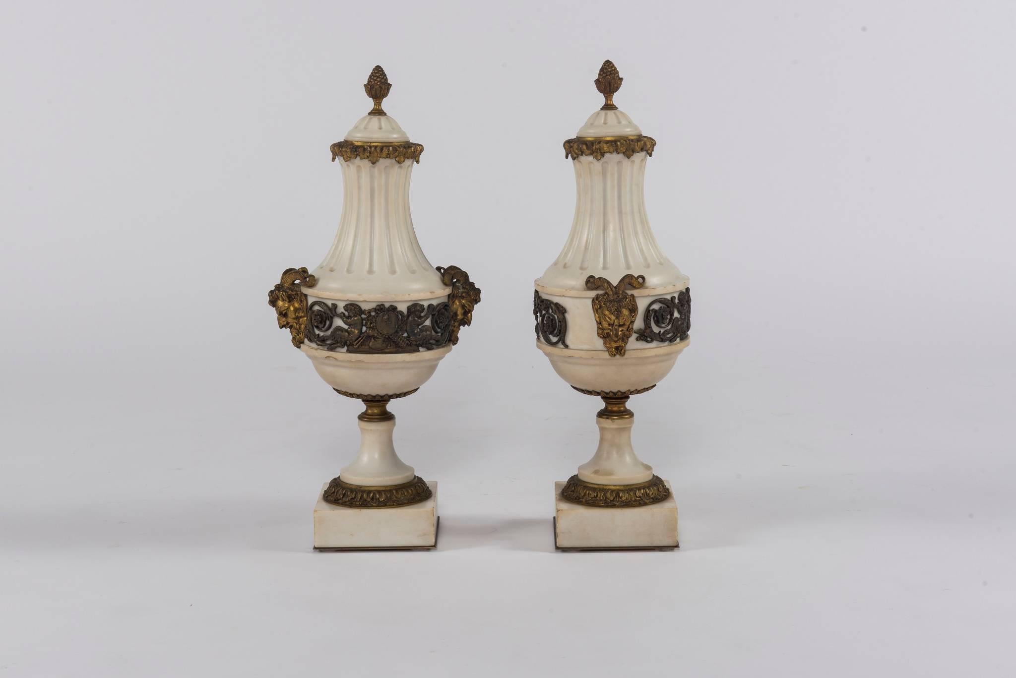 French 20th Century White Marble and Bronze Cassolettes