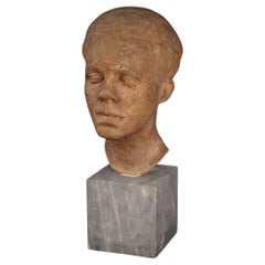 Retro 20th Century Marble Base Terracotta Italian Sculpture Man's Face, 1960s