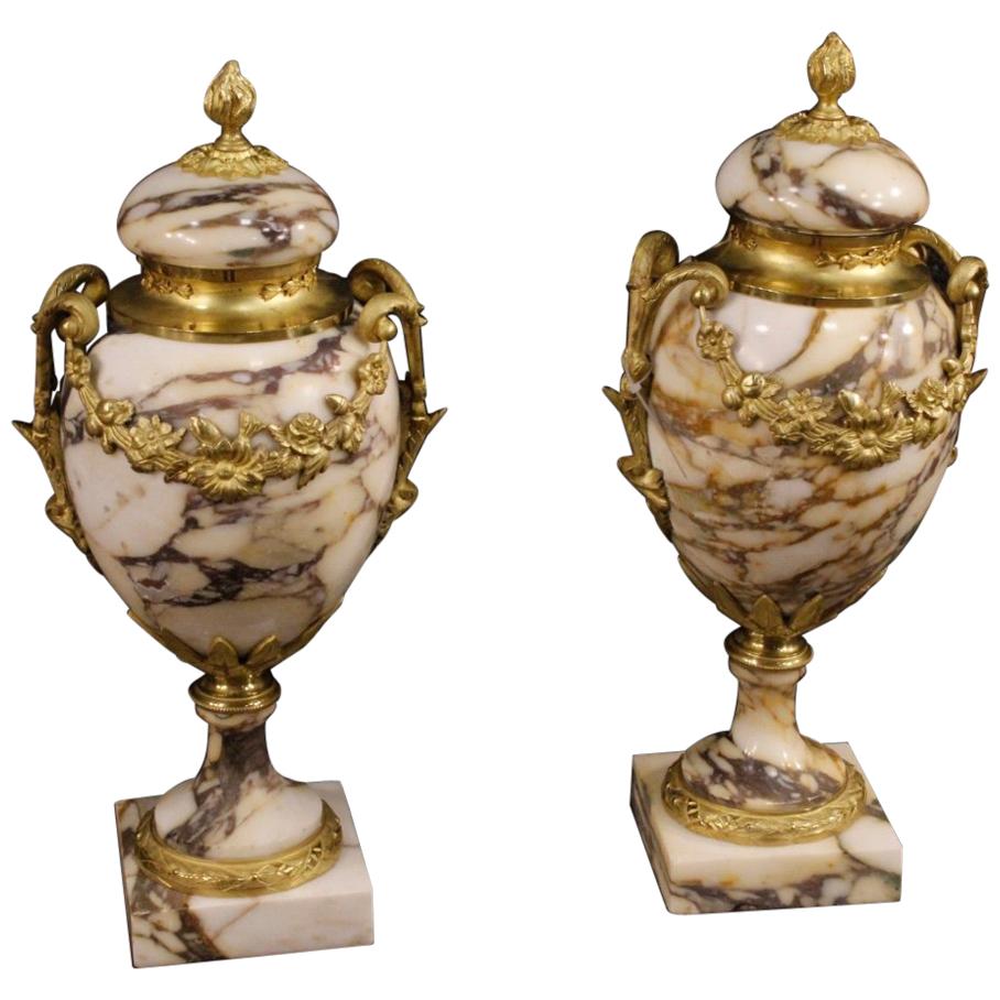 20th Century Marble, Gilt Bronze and Brass French Pair of Vases, 1950