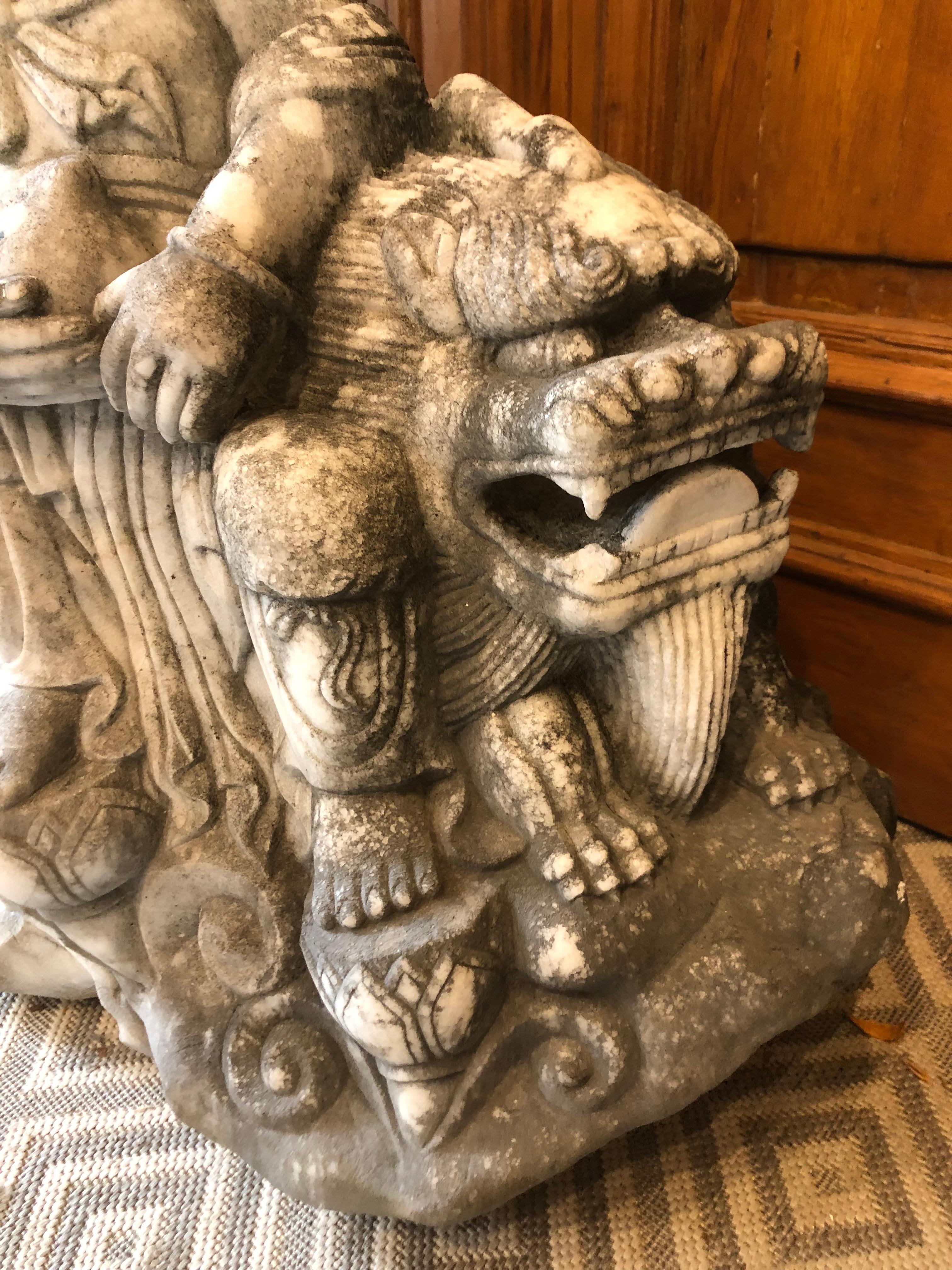 20th Century Marble Kwan-Yin Statue with Child and Foo Dog In Good Condition For Sale In Stamford, CT