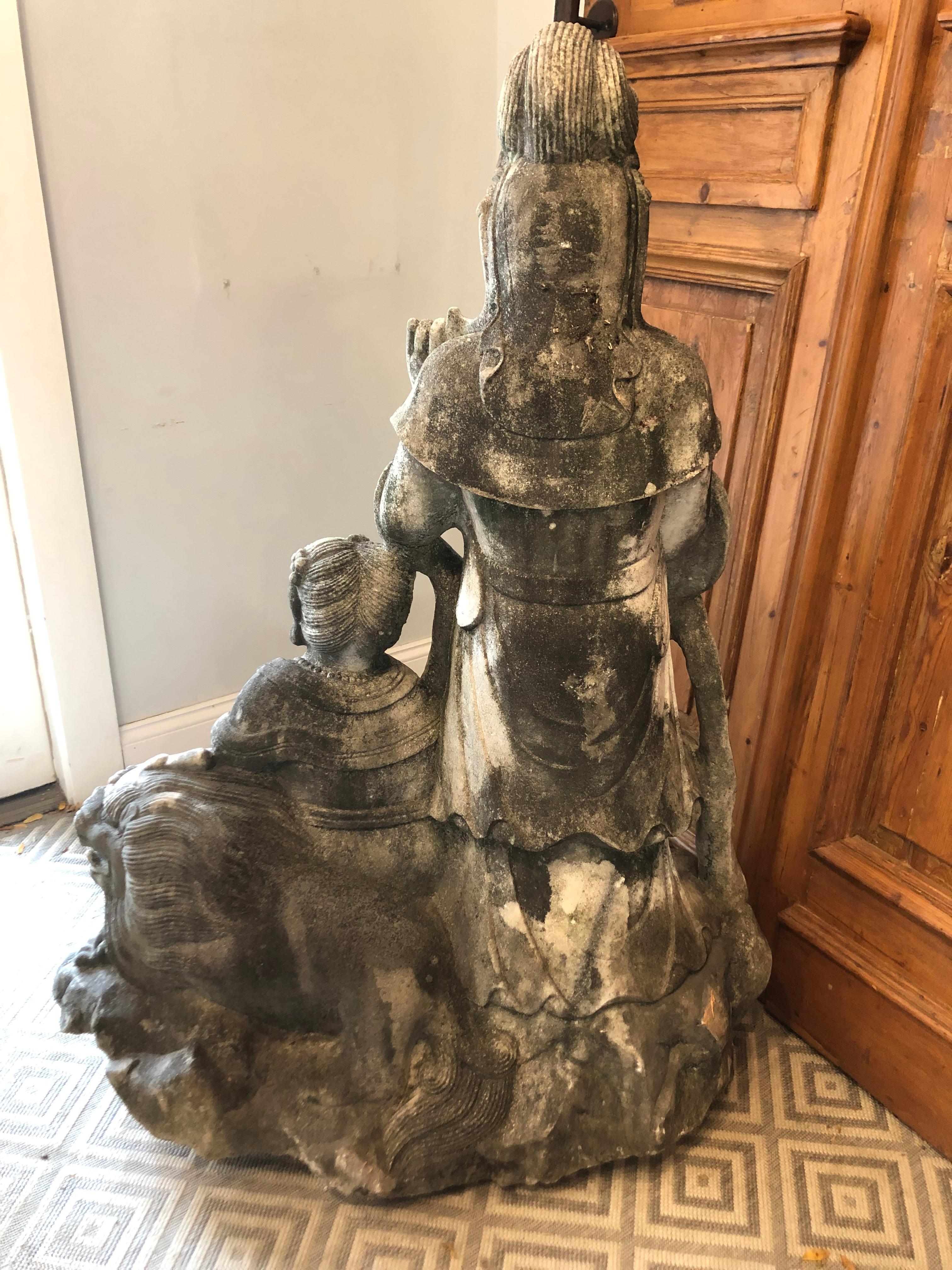 20th Century Marble Kwan-Yin Statue with Child and Foo Dog For Sale 1